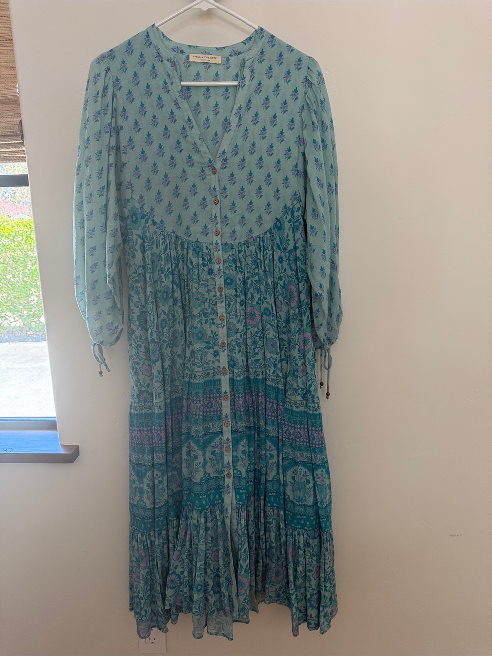 Spell Teal & Aqua Floral Button-Front Maxi Dress